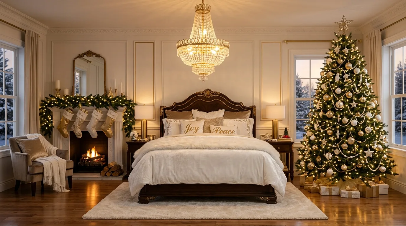 Keep the holiday color palette slightly muted inspiration for a Christmas bedroom.